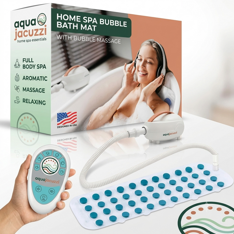 AquaJacuzzi retail box with the bubble bath mat, wireless remote and motorised air pump