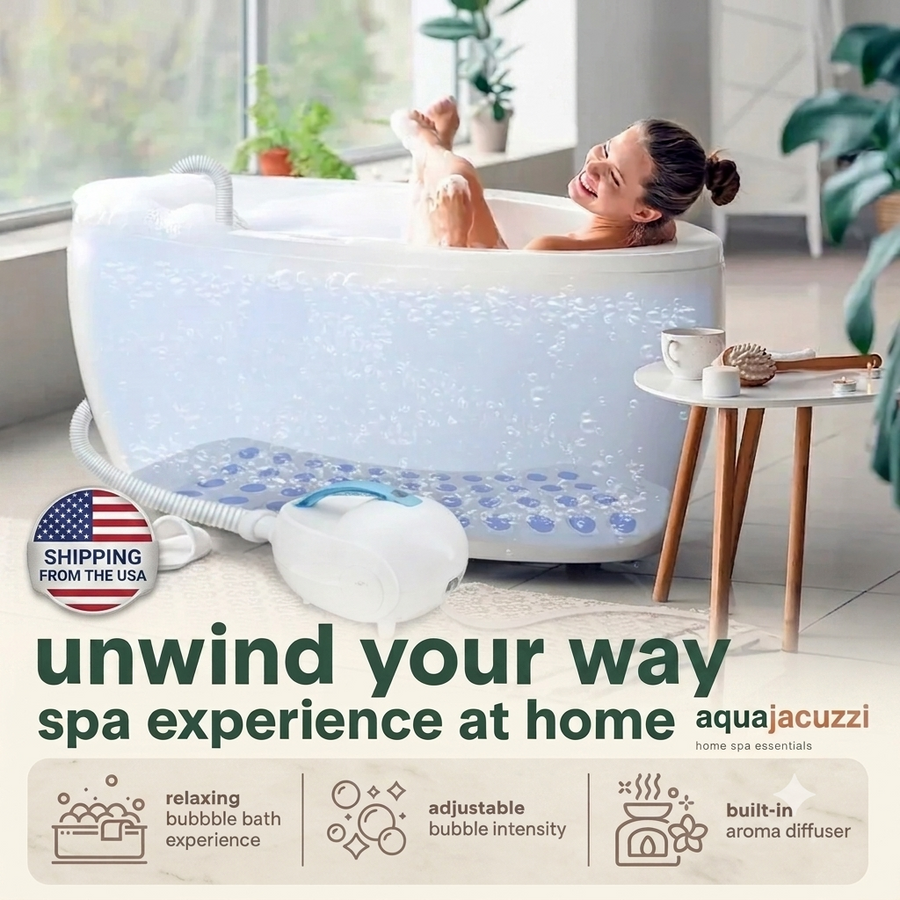 Woman relaxing in a bathtub filled with bubbles from the AquaJacuzzi bubble bath mat, with the air pump beside the tub