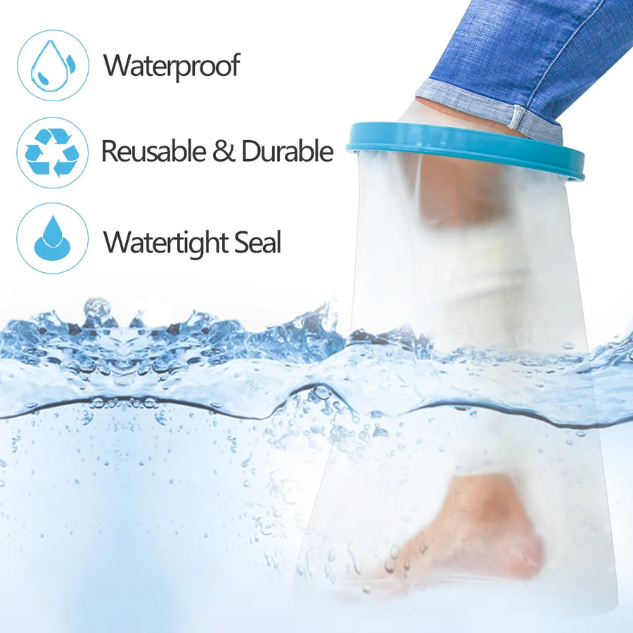 Leg wearing the clear waterproof cast cover with a blue seal ring, the covered foot shown under water
