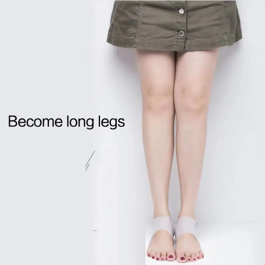 Woman standing in silicone heel lifts, captioned become long legs