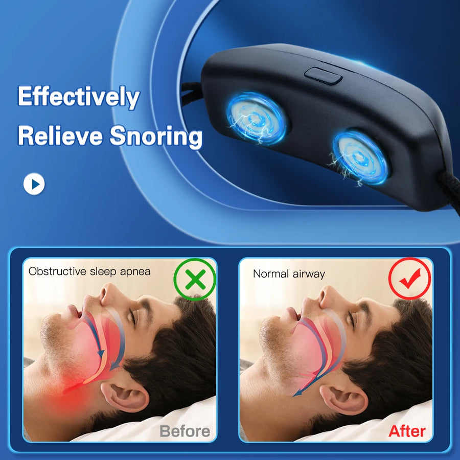 Close-up of the device's two contact pads, with a supplier before-and-after airway illustration
