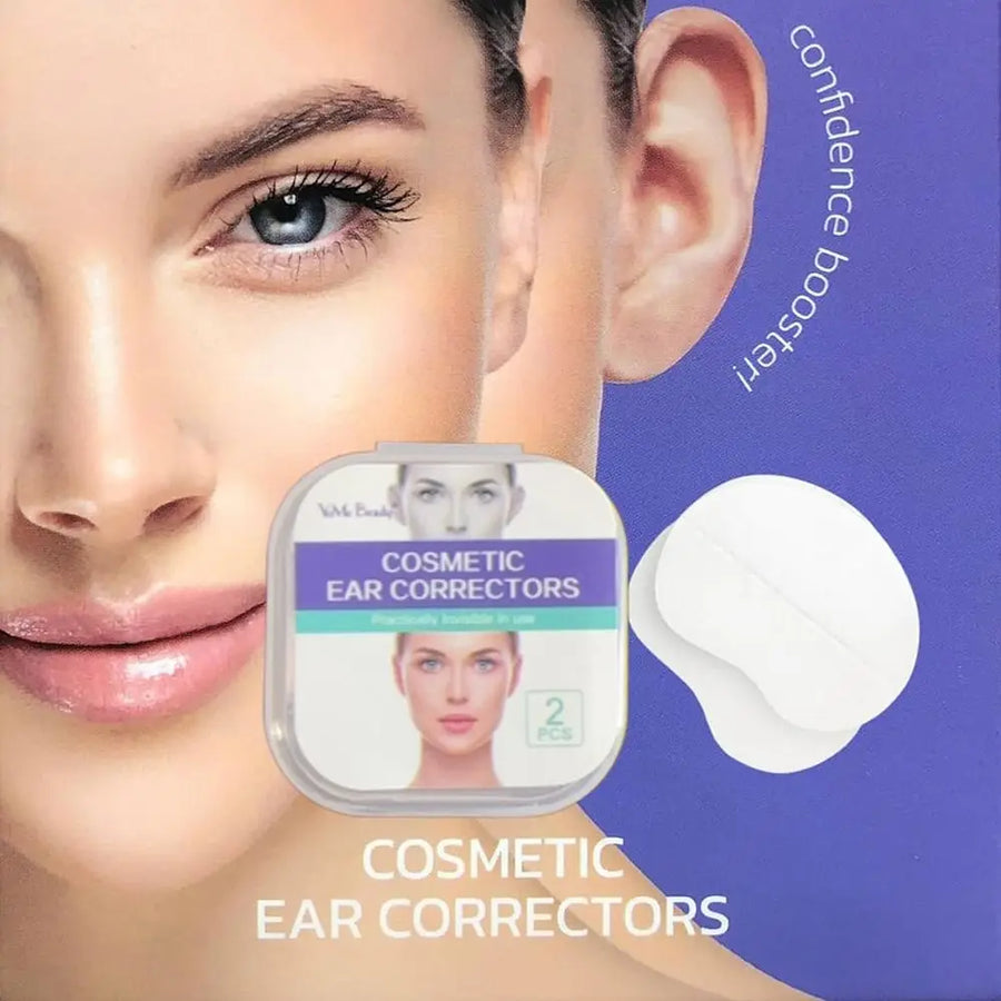 Packaging box for cosmetic ear correctors shown next to a close-up of a woman's ear and face