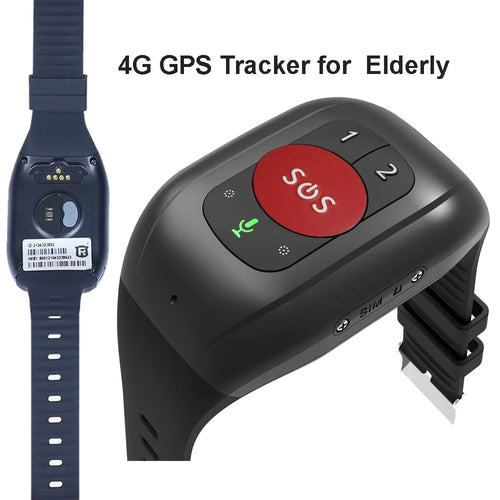 4G GPS tracker watch for seniors with a red SOS button, speed-dial buttons 1 and 2, and the back of the watch