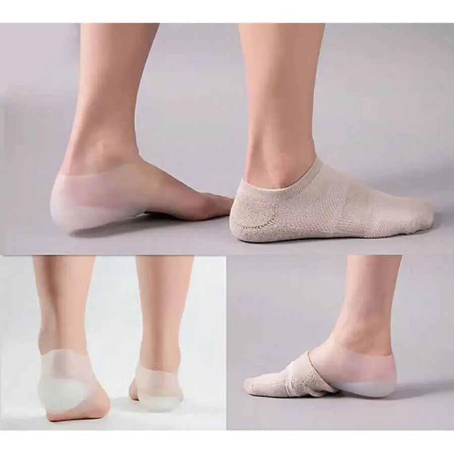 Silicone heel lifts on bare feet and worn under a beige sock