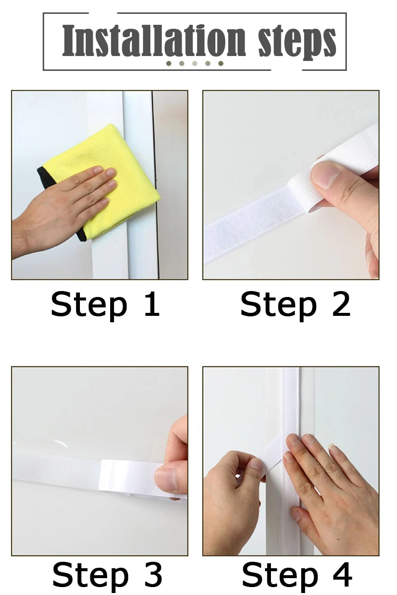 Four installation steps: clean the frame, peel the tape, stick the tape on, press the film in place