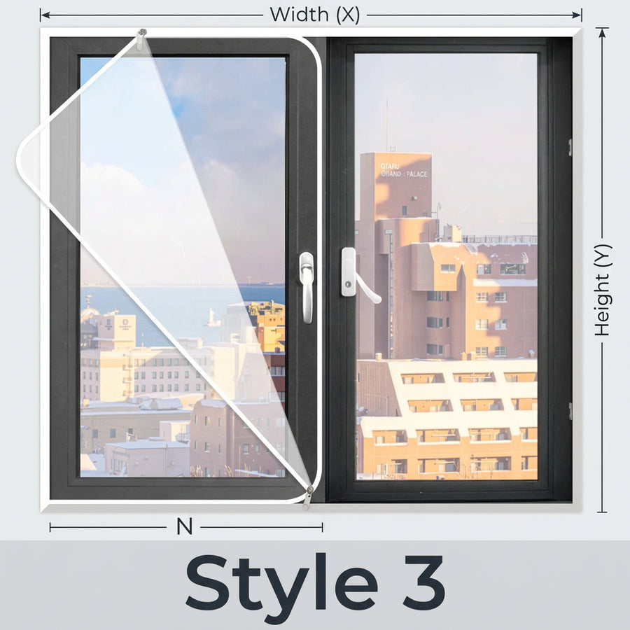 Zipper style chart, Style 3: full-height zipper flap on the left, with width and height marked