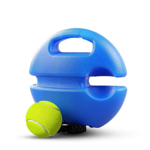 Blue tennis trainer base standing upright next to a yellow tennis ball with cord