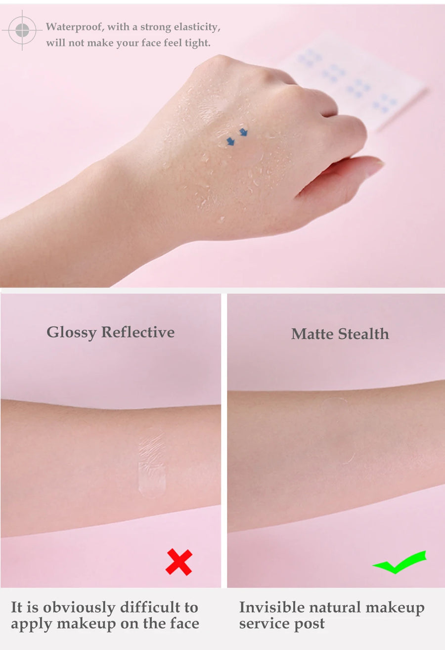 Clear sticker on the back of a hand, comparing glossy and matte finishes