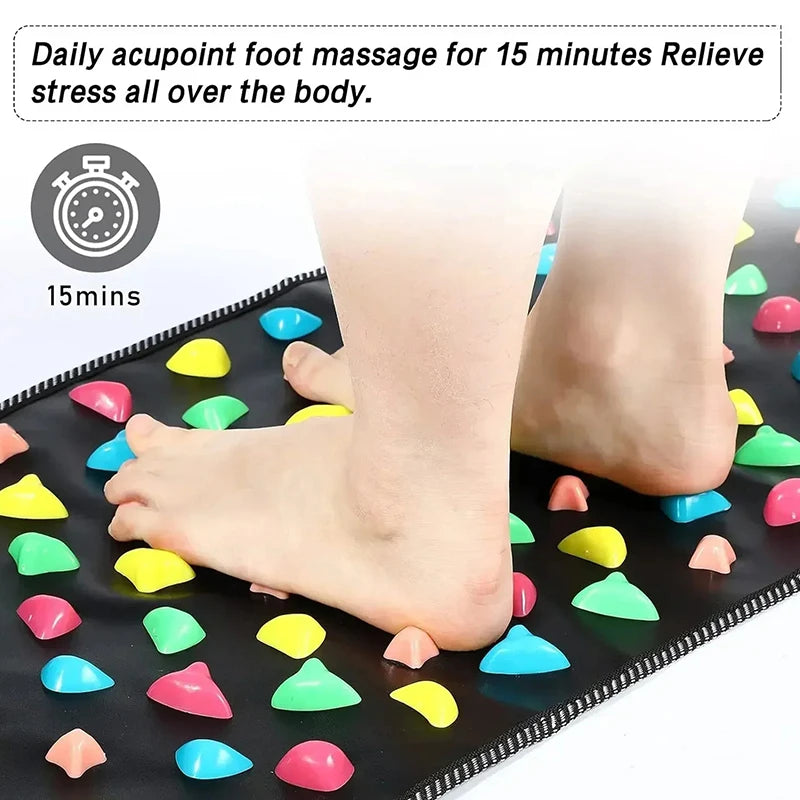 Bare feet stepping on colorful plastic stones, with a 15-minute timer graphic