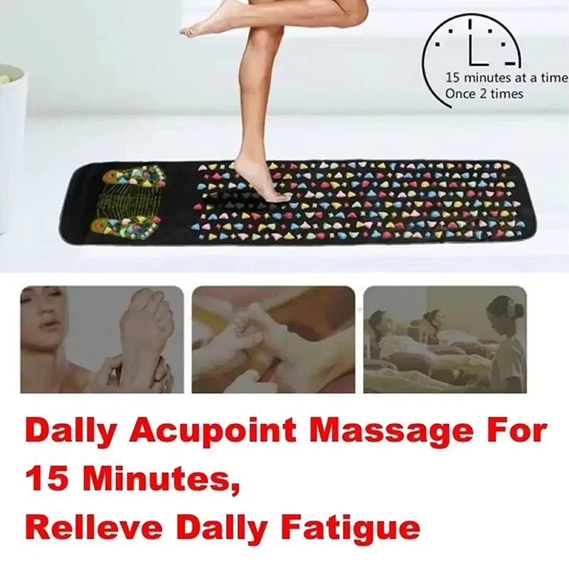 Person stepping along the long stone mat, with a 15 minutes twice a day graphic