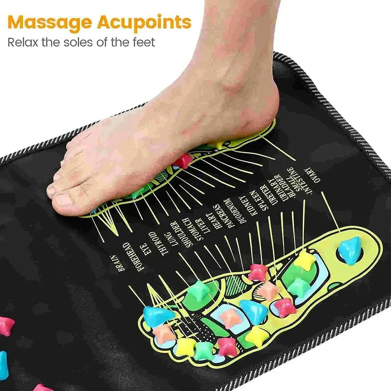 Bare foot on the mat's printed foot chart, captioned massage acupoints