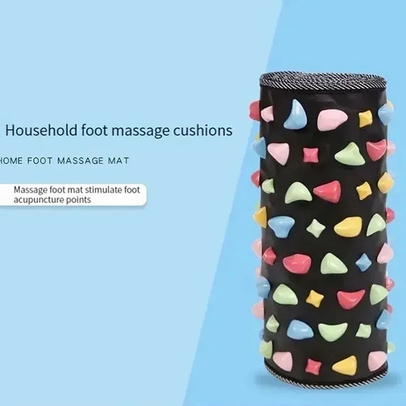 Foot massage mat rolled up and standing on its end