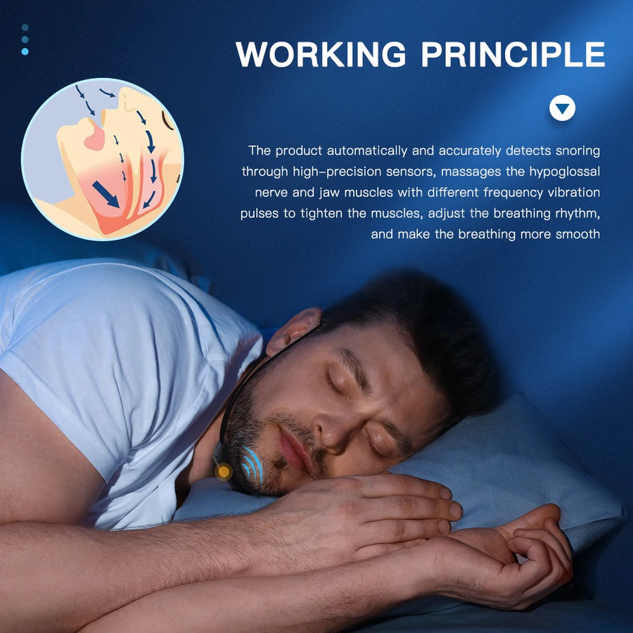 Man sleeping wearing the device under his chin, with a supplier diagram and text about how it works