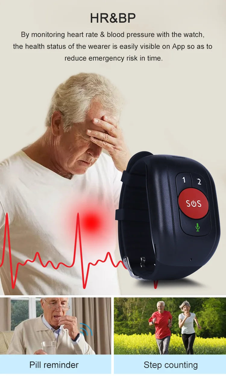 Supplier graphic of an older man holding his head next to the watch, with pill reminder and step counting photos