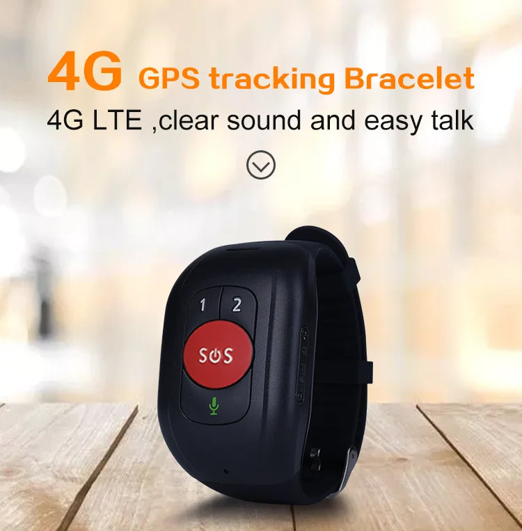 Black 4G GPS tracking bracelet with red SOS button