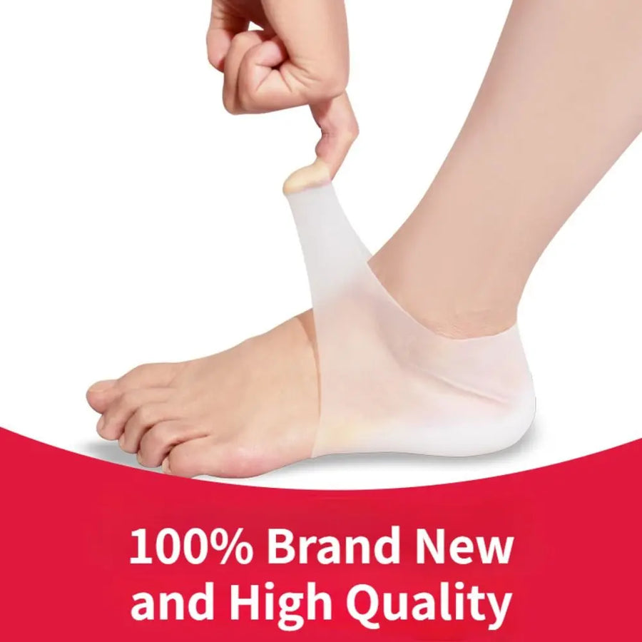 Hand pulling a silicone heel lift onto a bare foot