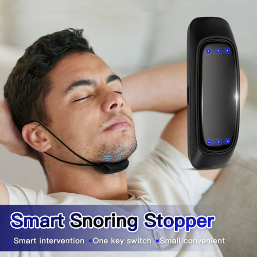 Man resting with the anti-snoring device worn under his chin on a cord, close-up of the device with blue indicator lights