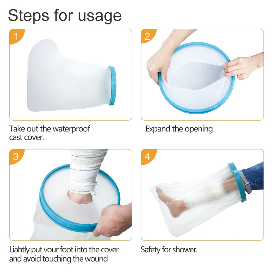 Four steps to put on the cast cover: take it out, expand the opening, slide the foot in, shower