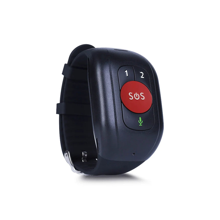Black GPS watch with a red SOS button