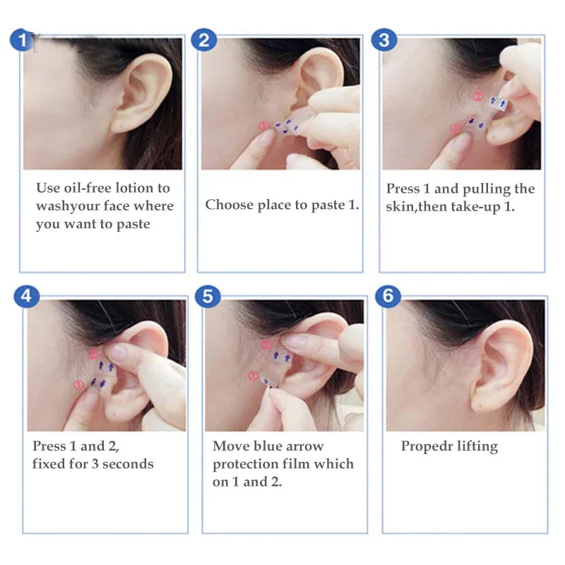 Six steps for applying a face lift sticker in front of the ear