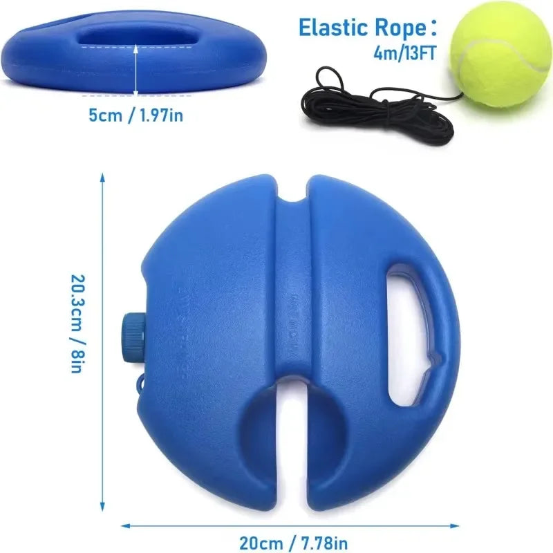 Diagram of the tennis trainer base showing its dimensions and the 4m elastic cord length