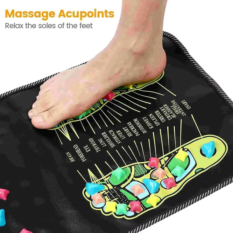 Bare foot on the mat's printed foot chart, captioned massage acupoints