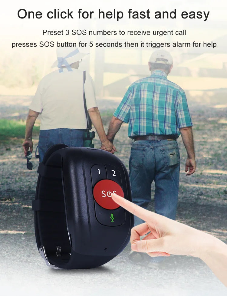 Finger pressing the red SOS button on the watch, older couple walking