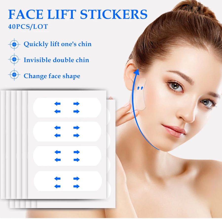 Face lift stickers sheet next to a woman with a sticker placed in front of her ear