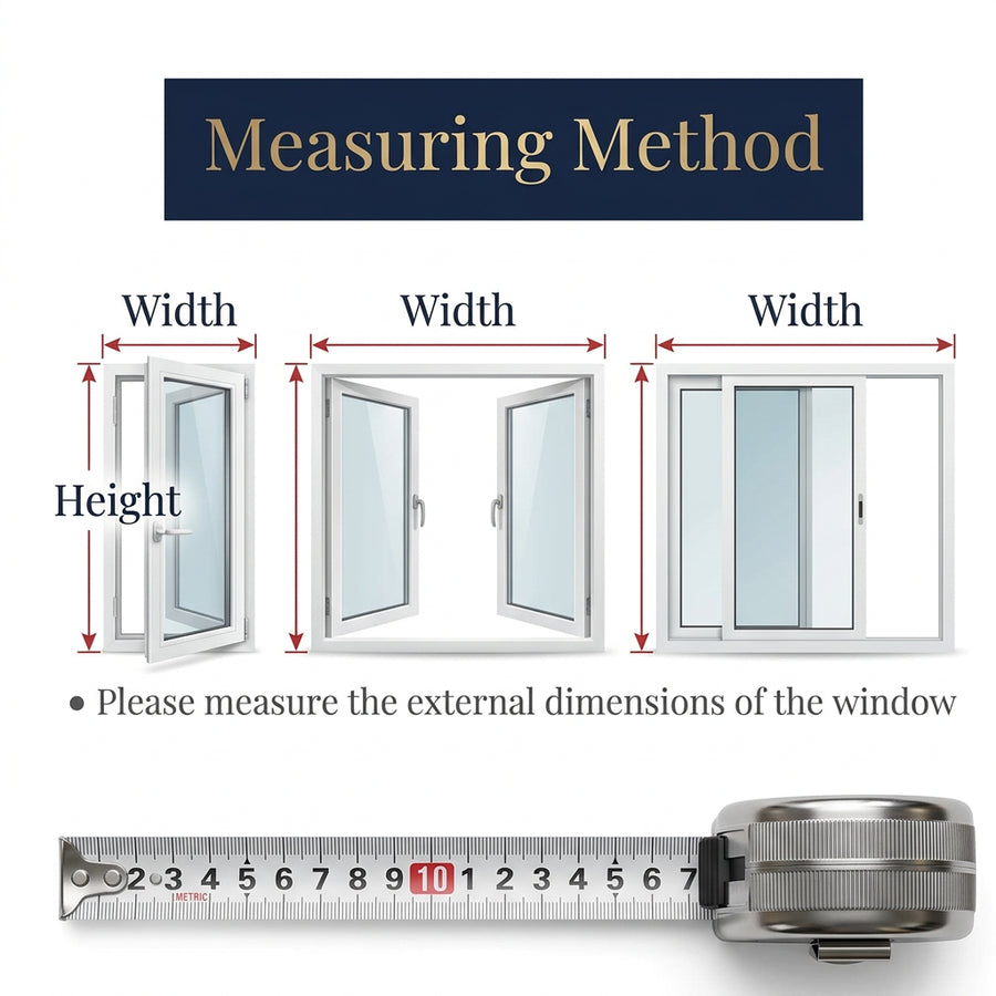 Diagram showing how to measure the width and height across the outer window frame