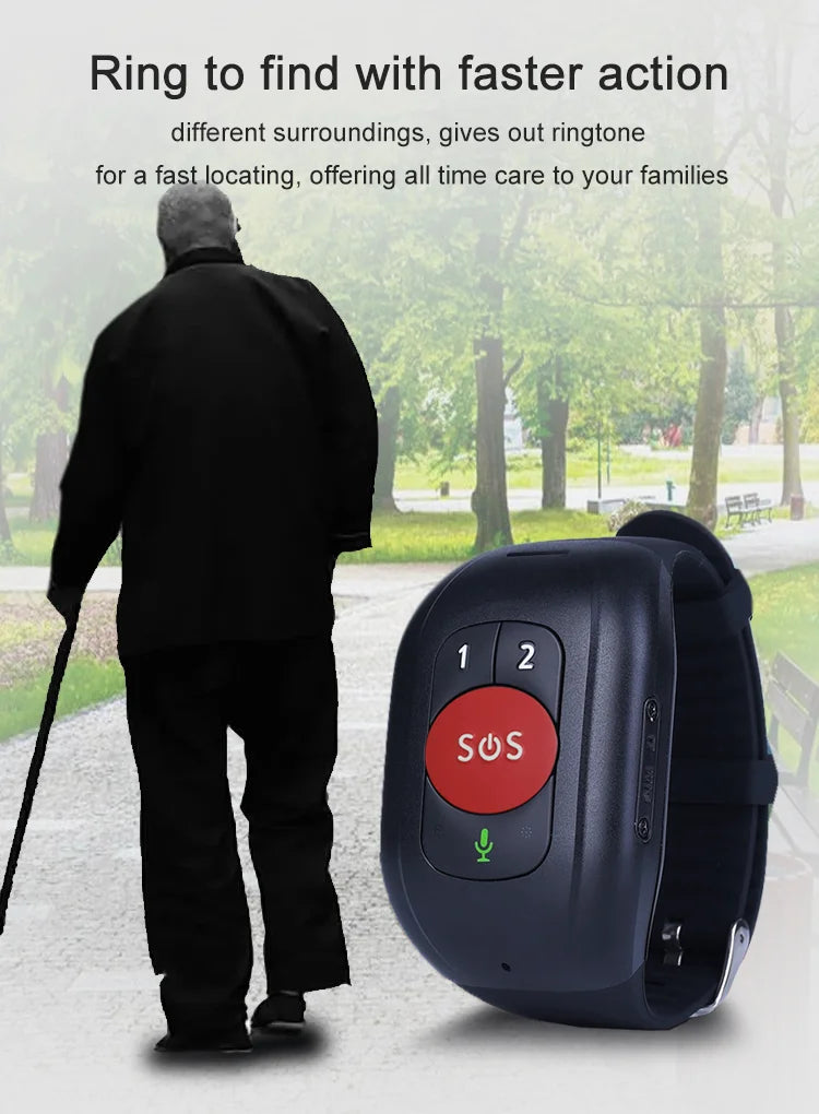 Older man with a walking cane next to the GPS watch, ring-to-find feature