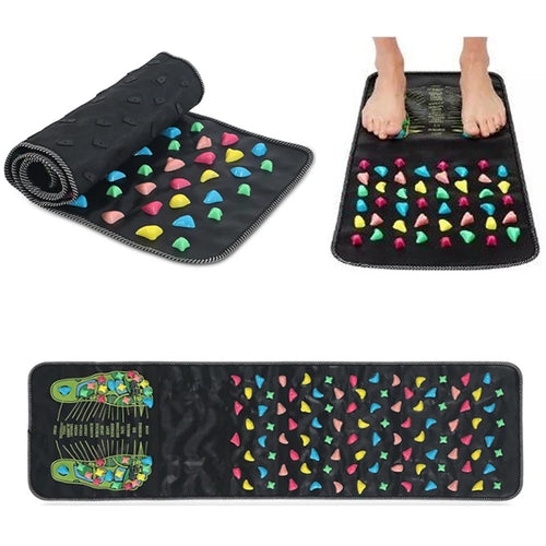 Foot massage mat rolled up, stood on barefoot and laid flat, with colorful plastic stones