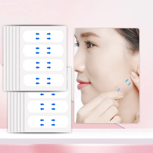 Sheets of clear face lift stickers with blue arrows, and a woman pressing one in front of her ear