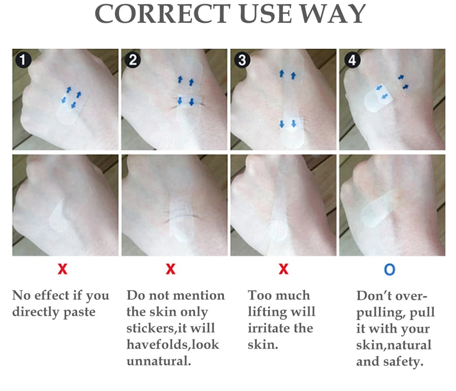 Right and wrong ways to apply the sticker, shown on the back of a hand