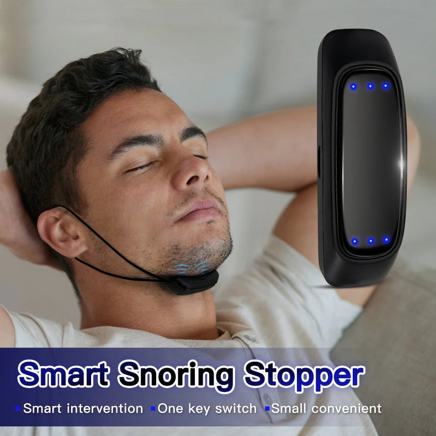 Man resting with the anti-snoring device worn under his chin, close-up of the device