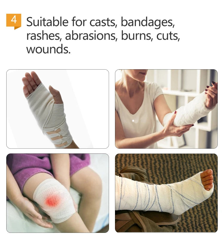 Bandaged wrist, arm, knee and a leg cast, shown as uses for the cover