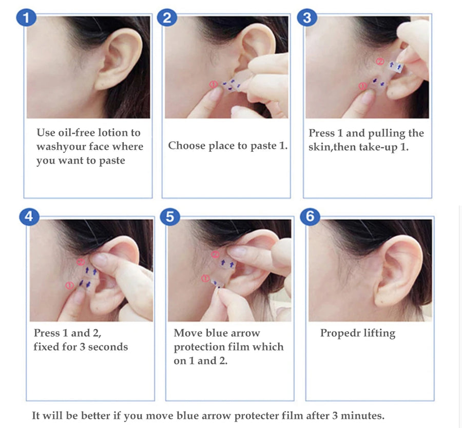 Six steps for applying a face lift sticker in front of the ear