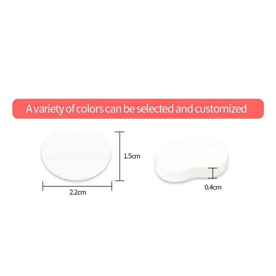 Diagram showing the dimensions of the silicone ear corrector pads, 2.2cm by 1.5cm by 0.4cm