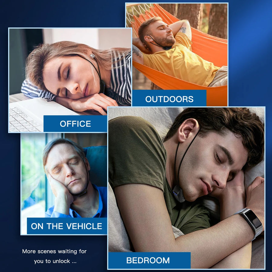 People wearing the device while dozing in an office, a hammock, a car seat and a bedroom
