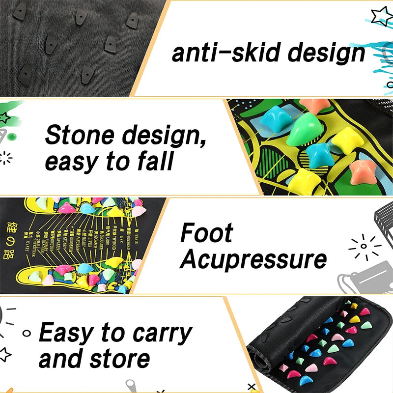 Close-ups of the mat's anti-skid back, removable stones, foot chart and rolled-up mat