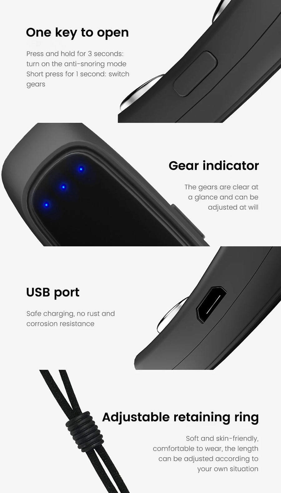 Close-ups of the power button, level indicator lights, USB charging port and adjustable cord